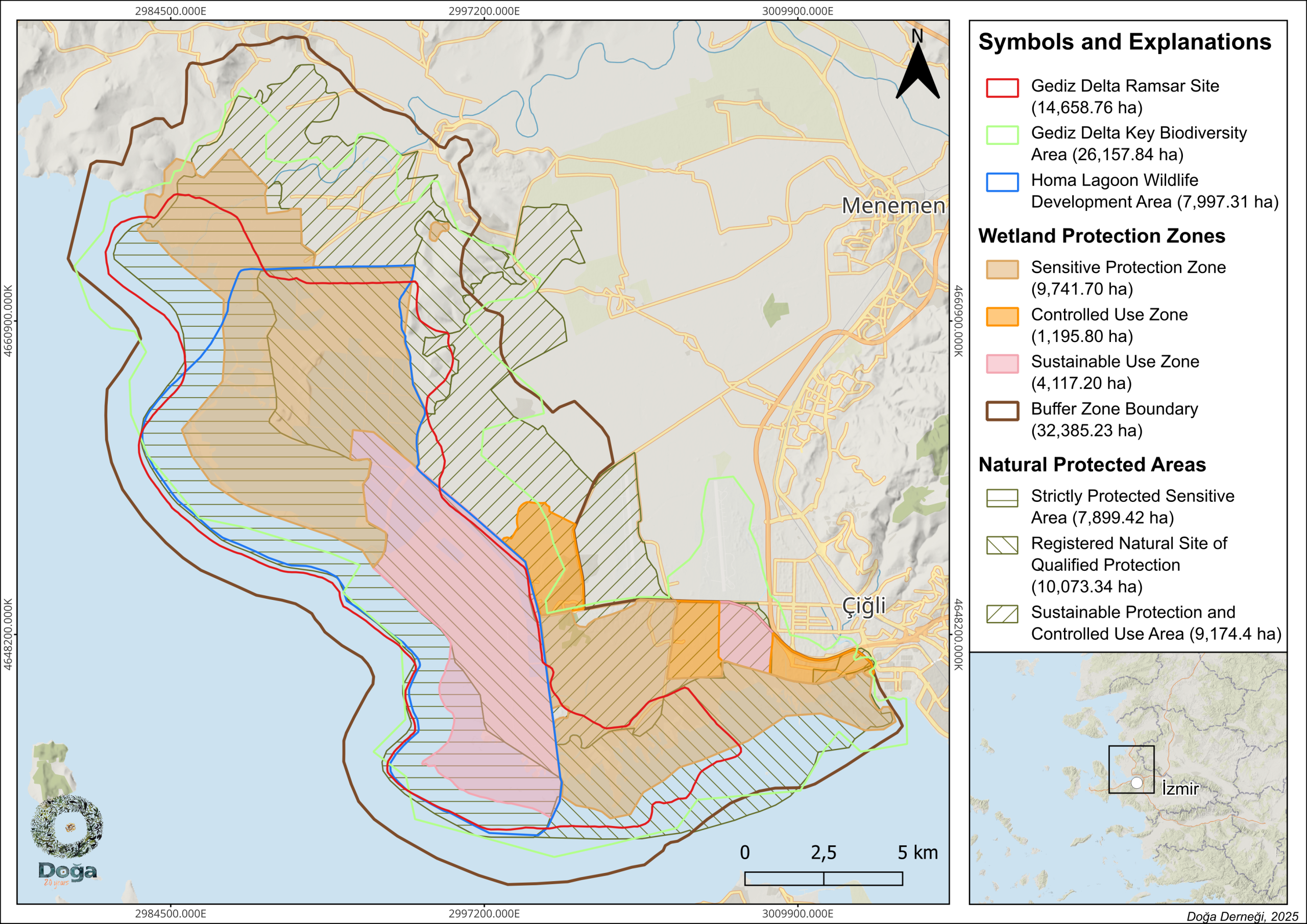 Map showing the boundaries of National and International Protected Areas, Key Biodiversity Area (KBA), and Indigenous Production Landscape (IPL) in the Gediz Delta.